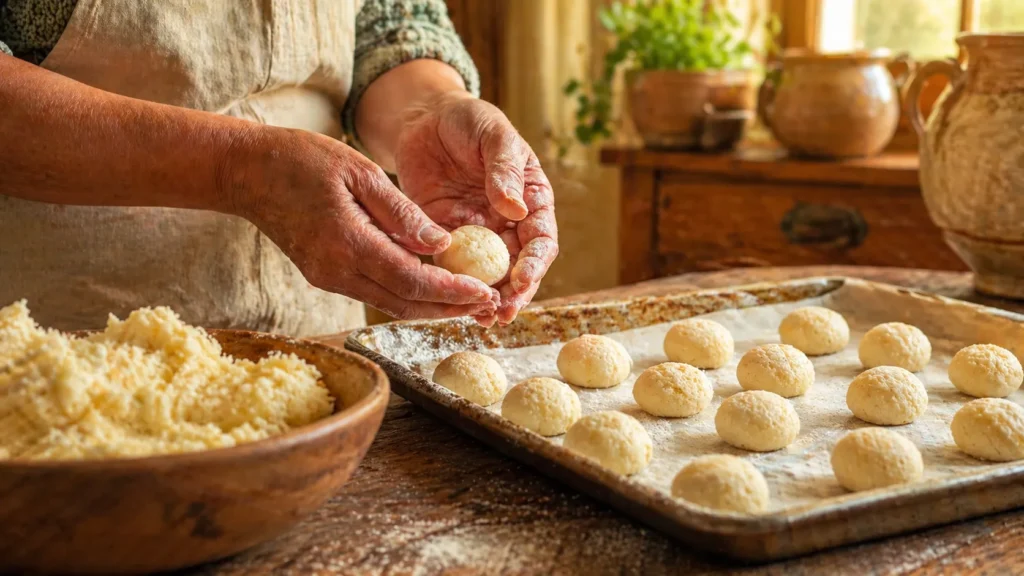 Massa da bolacha de nata sendo modelada em pequenas bolinhas