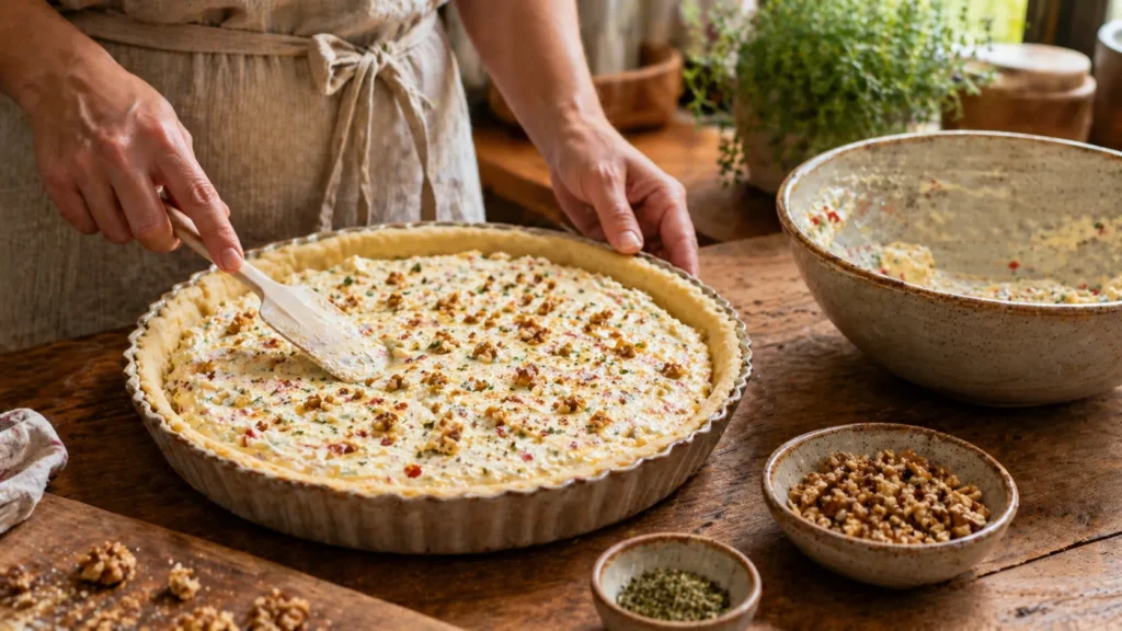 : Montagem da quiche de ricota com nozes antes de ir ao forno em bancada rústica