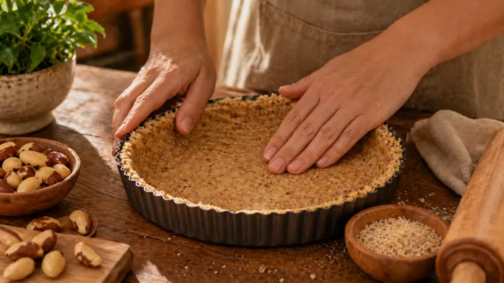Massa da torta de castanha-do-pará sendo moldada na forma
