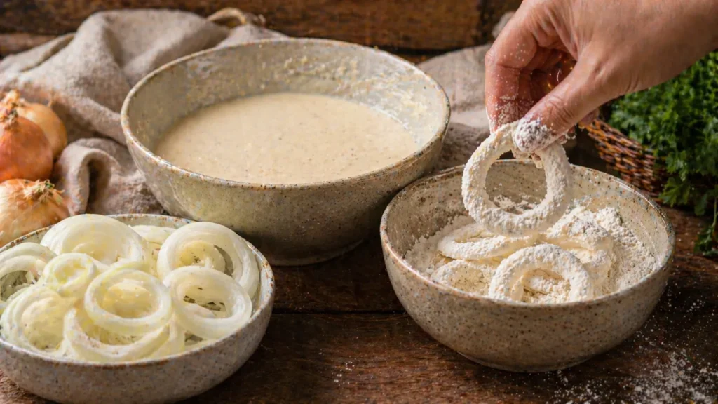 Anéis de cebola sendo empanados para preparar cebola doré