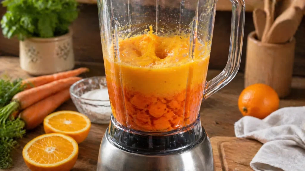 Mistura do creme de laranja e cenoura sendo batida no liquidificador