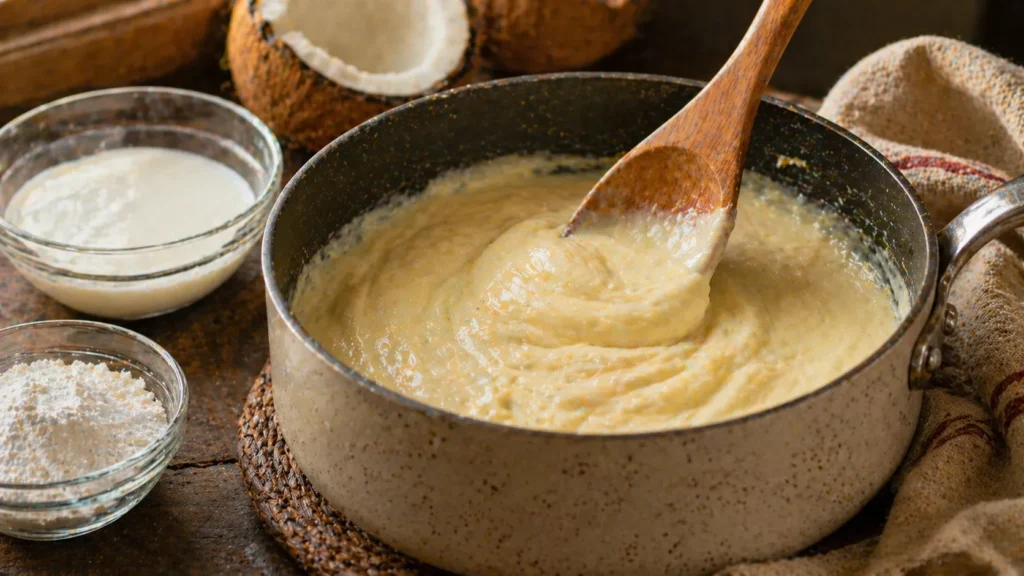 Creme para sobremesa com amido de milho engrossando na panela