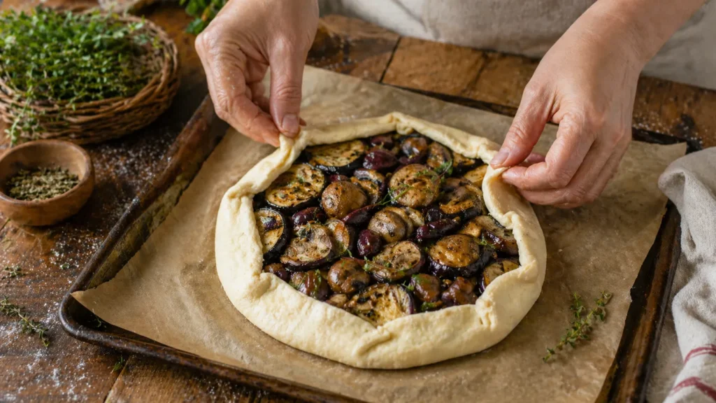 Montagem da torta de cogumelo e berinjela com bordas sendo dobradas sobre o recheio
