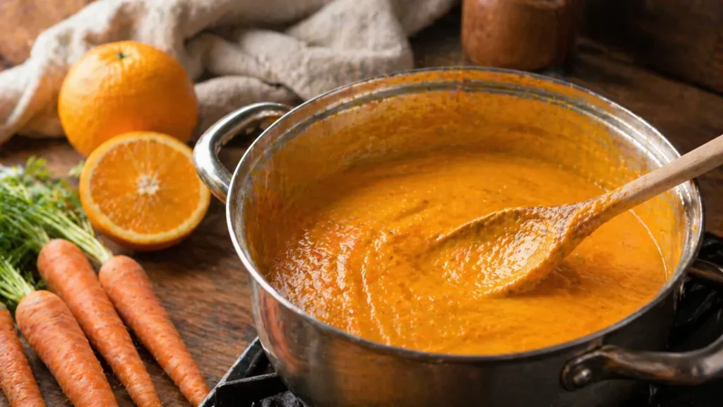 Creme de laranja e cenoura engrossando na panela durante o preparo