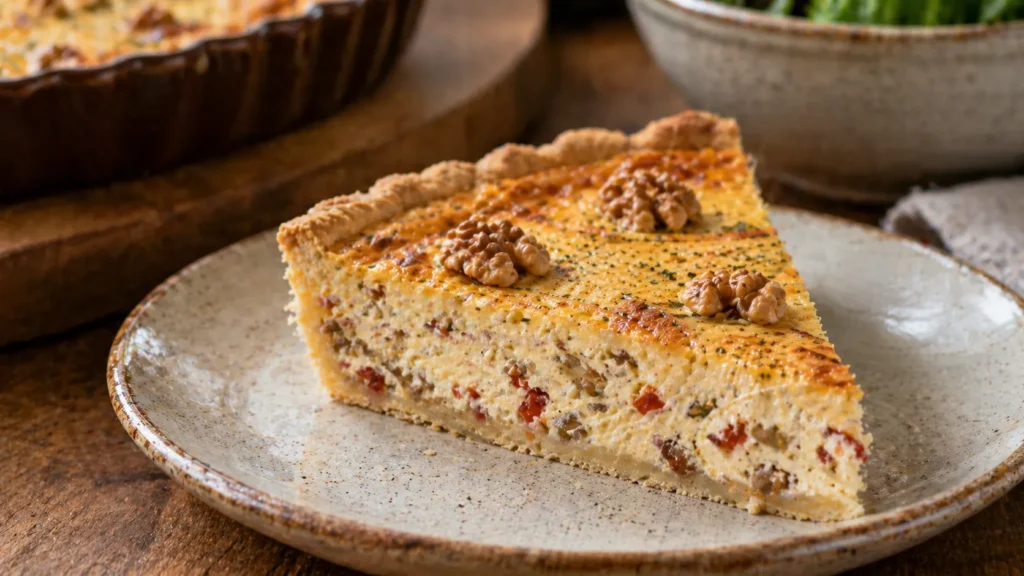 Fatia de quiche de ricota com nozes mostrando recheio cremoso e massa dourada
