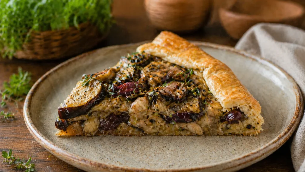 Fatia da torta de cogumelo e berinjela mostrando recheio macio e massa delicada