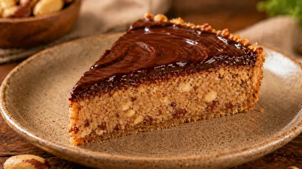 Fatia de torta de castanha-do-pará com chocolate mostrando recheio cremoso