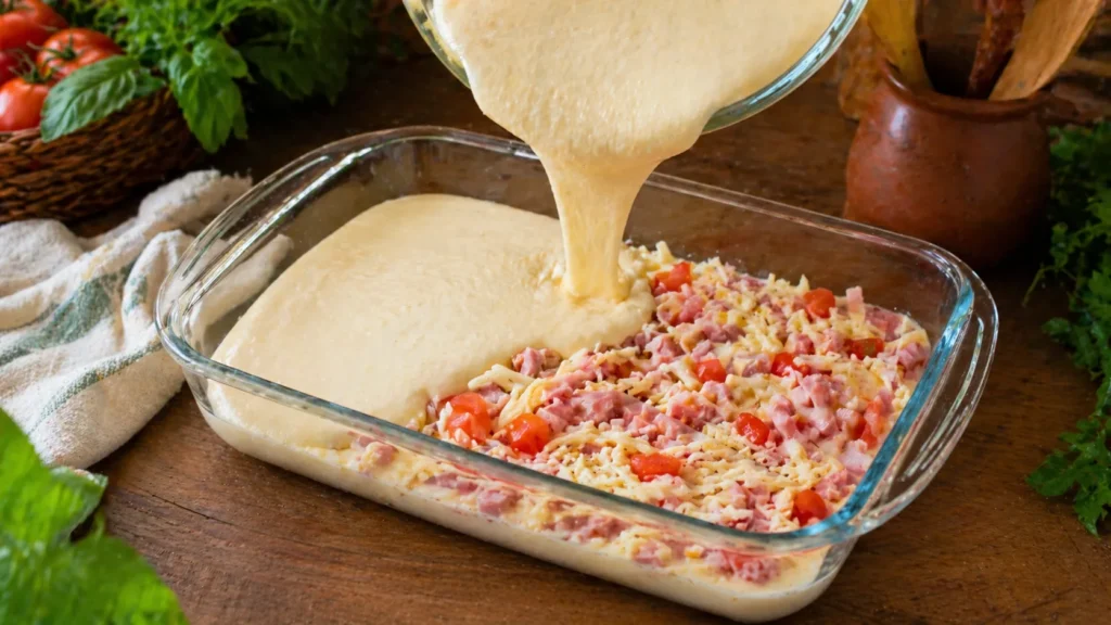 Montagem da torta salgada de liquidificador com recheio em camadas
