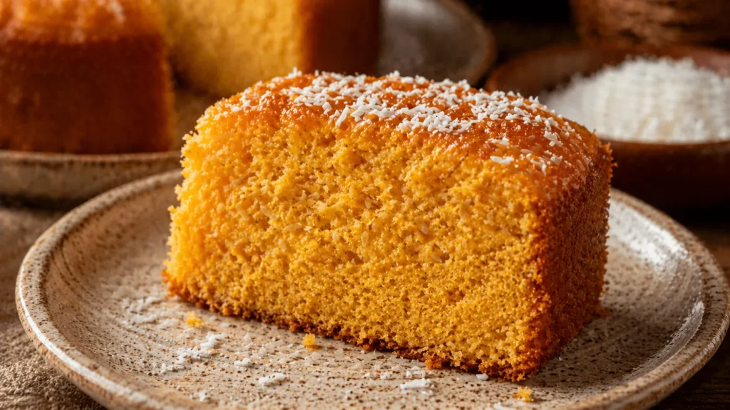 Fatia de bolo de abóbora com coco mostrando textura macia
