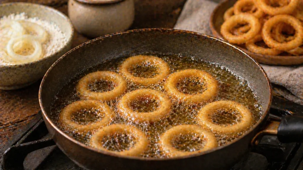 Cebola doré fritando até ficar dourada e crocante