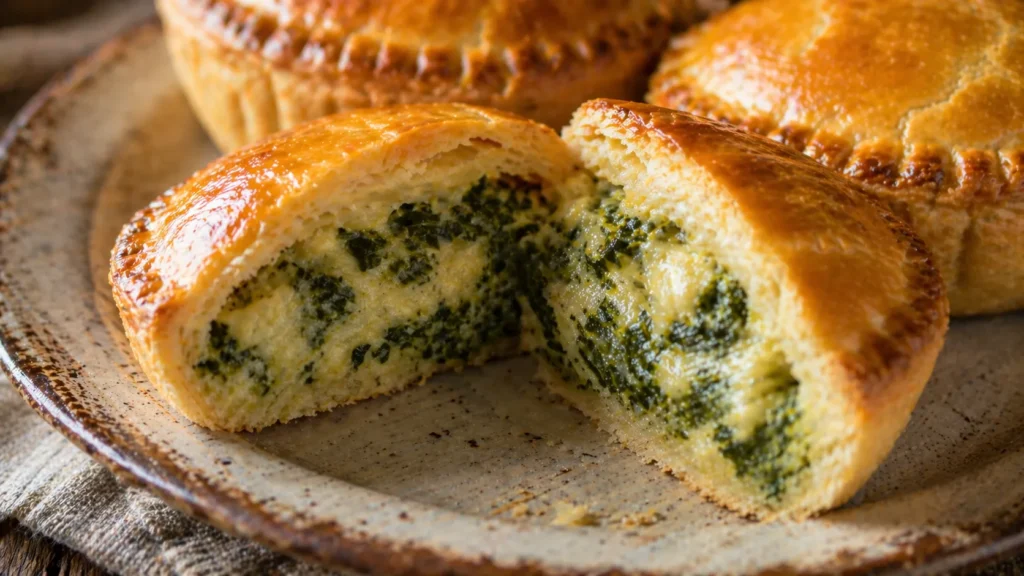 Close da empada de verdura caseira mostrando a massa delicada e o recheio cremoso com queijo e folhas verdes