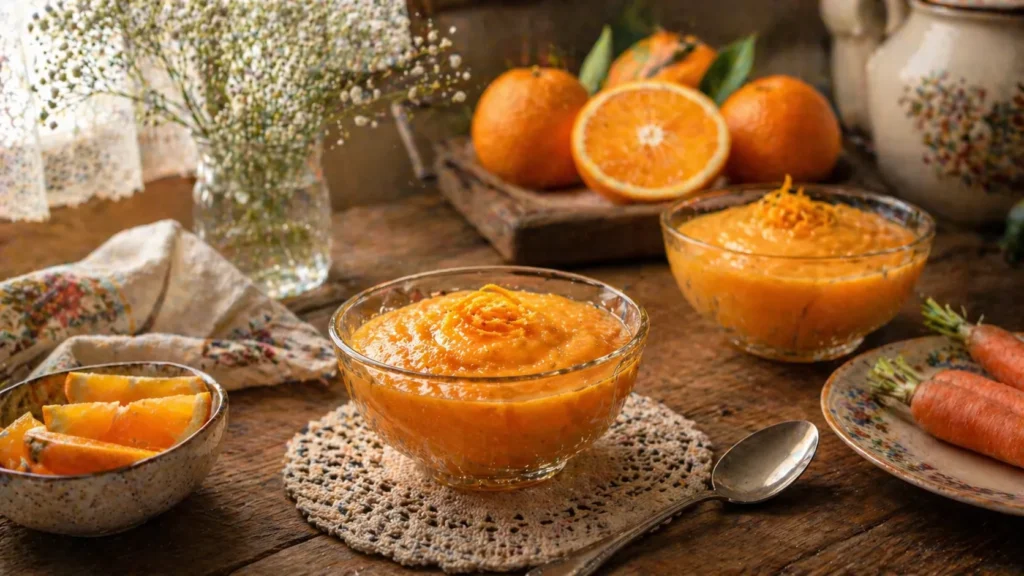 Creme de laranja e cenoura servido em mesa de sobremesa caseira