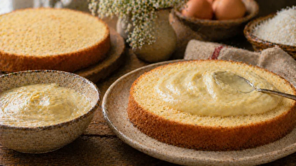 Creme para sobremesa com amido de milho sendo servido com bolo caseiro