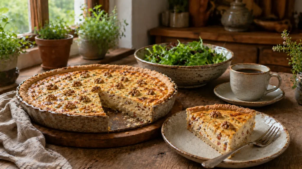 Cena acolhedora com quiche de ricota com nozes servida em mesa rústica perto da janela