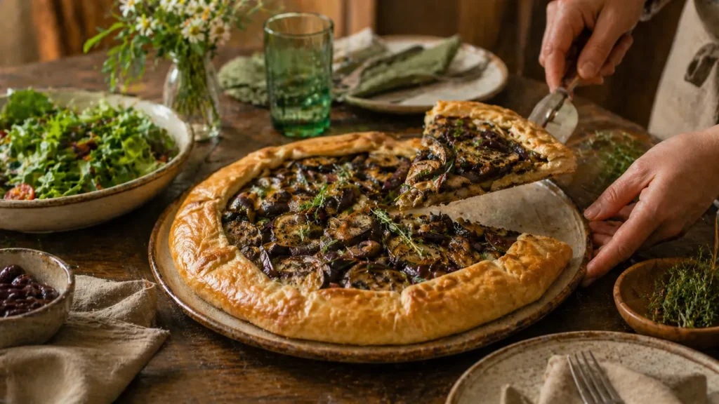 Torta de cogumelo e berinjela sendo servida em mesa de almoço caseiro