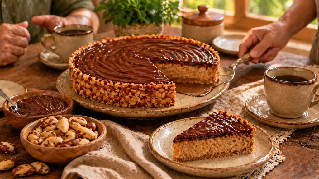 Torta de castanha-do-pará com chocolate servida em mesa de sobremesa caseira