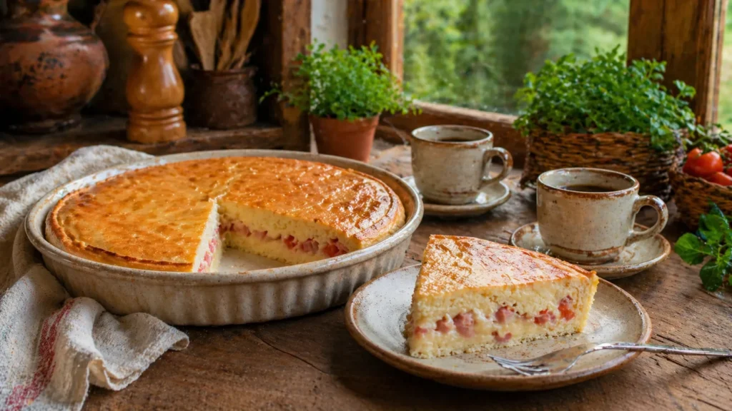 Torta salgada de liquidificador servida em mesa de lanche caseiro