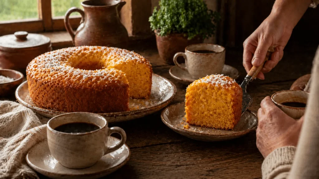 Bolo de abóbora com coco servido em mesa de café da tarde
