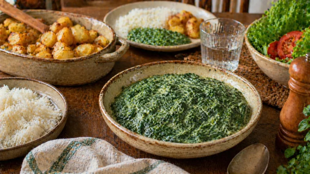 Espinafre ao creme caseiro servido em mesa de almoço caseiro