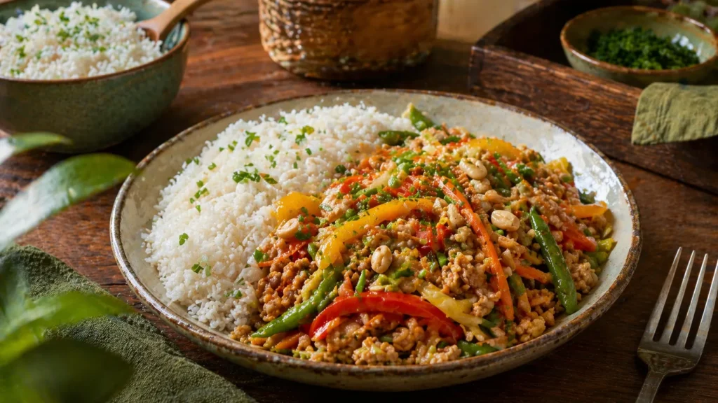 Xadrez de soja servido com arroz branco em refeição vegana caseira