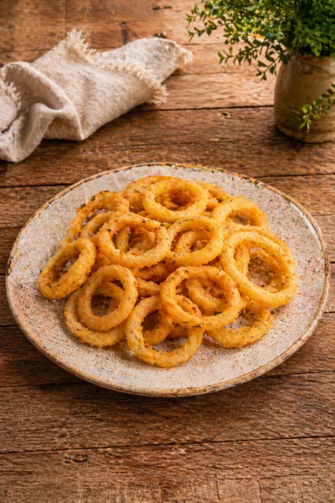 Cebola doré em foto vertical com anéis crocantes e dourados