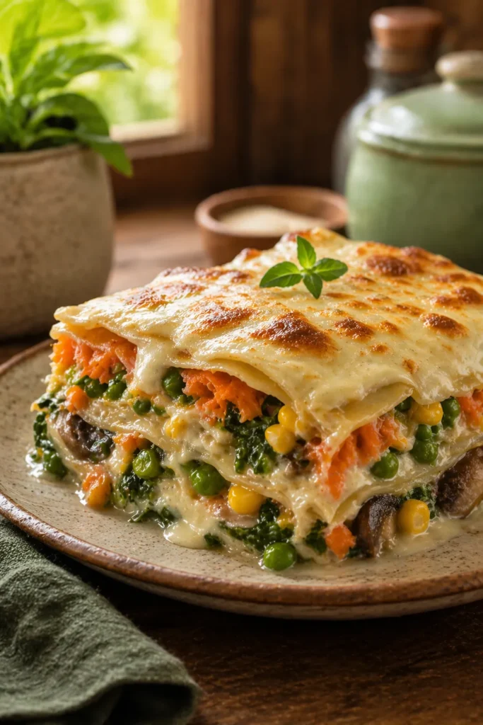 Fatia de lasanha de legumes caseira com molho cremoso e camadas bem recheadas