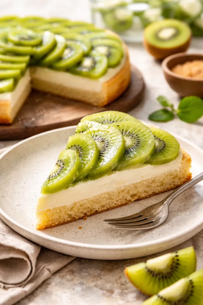 fatia de torta de kiwi cremosa