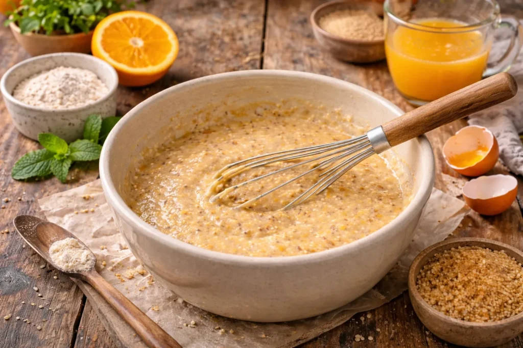 Preparando a massa do bolo funcional de laranja e amaranto