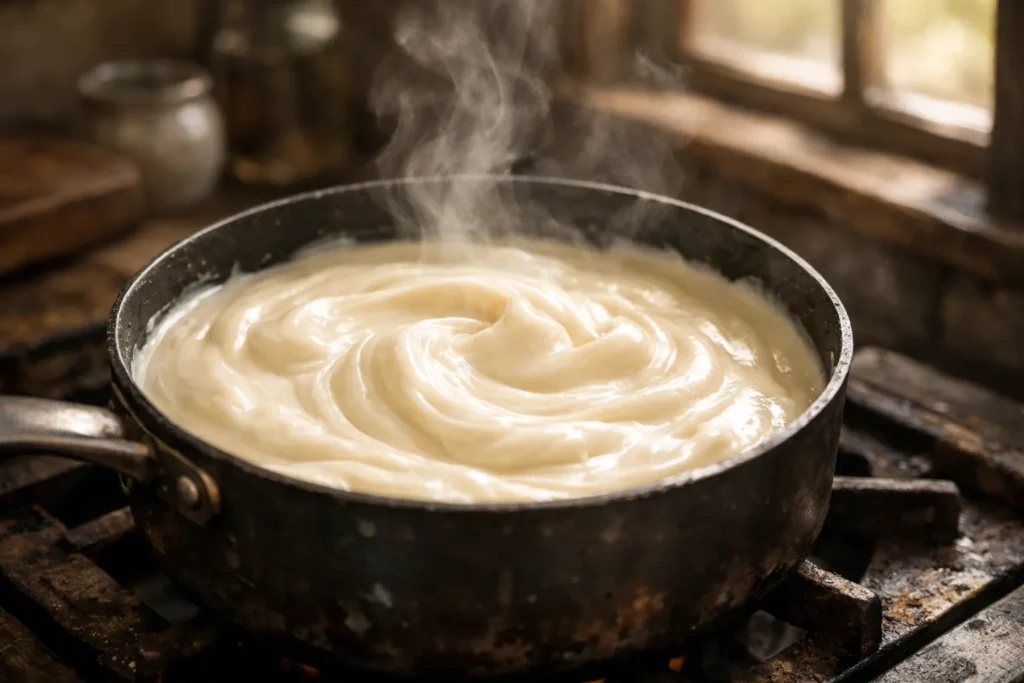 Mistura cremosa e espessa sendo preparada na panela, com textura lisa e brilho natural em cozinha rústica