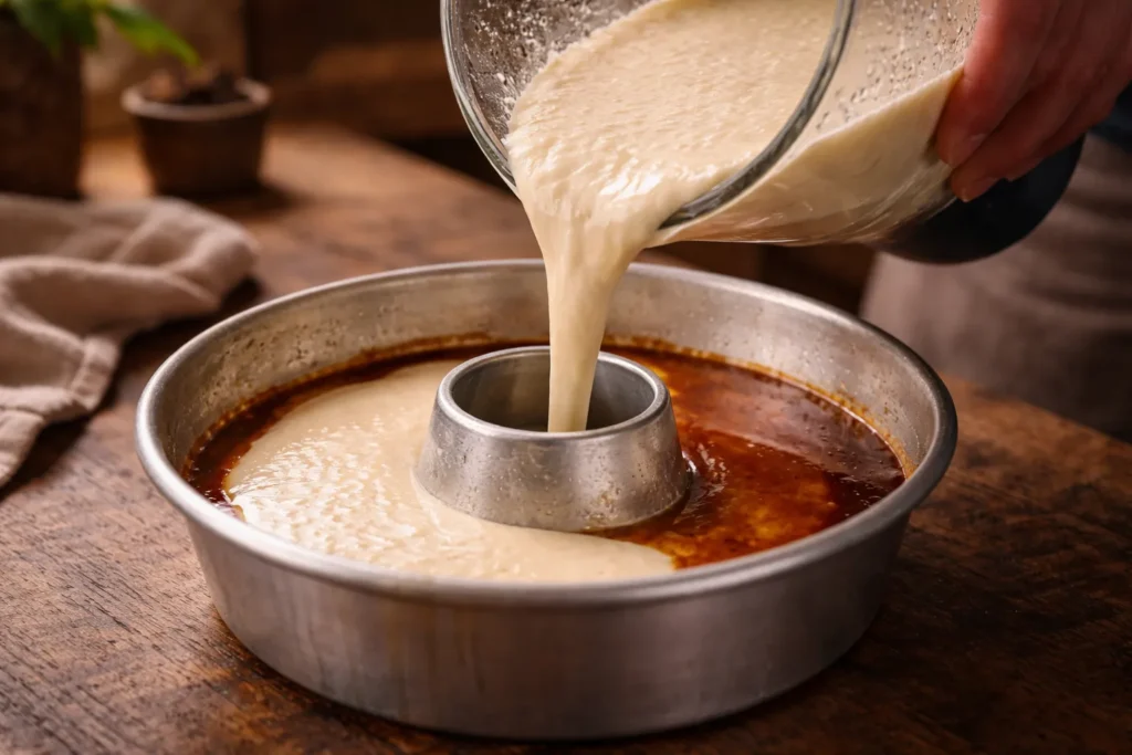 preparo do pudim de leite de coco sendo colocado na forma caramelizada