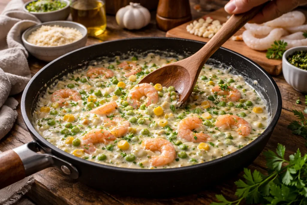 preparo do recheio cremoso de camarão na panela