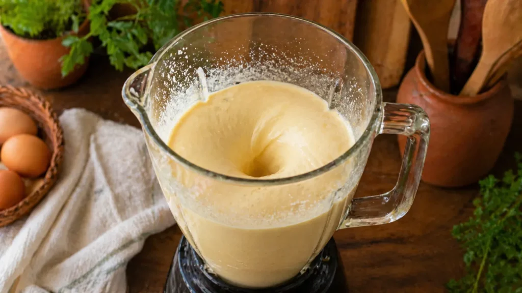 Massa da torta salgada de liquidificador sendo batida no liquidificador