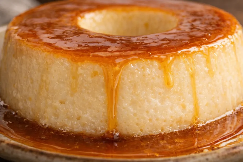 Imagem do preparo do pudim de leite de coco mostrando a massa cremosa sendo despejada do liquidificador em uma forma de pudim caramelizada, em cozinha rústica com luz natural.