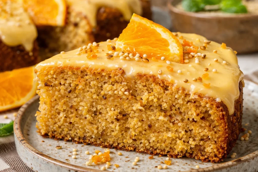 Fatia de bolo funcional de laranja e amaranto com cobertura cremosa