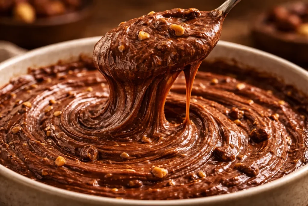 textura cremosa de chocolate com avelã com colher levantando o creme