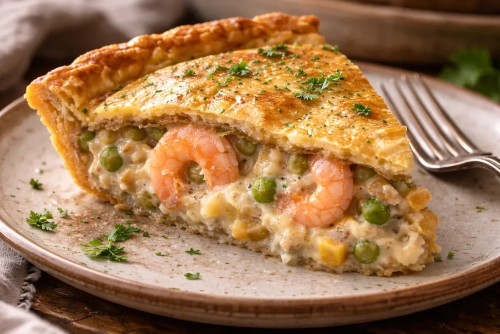 detalhe da textura cremosa da torta de camarão