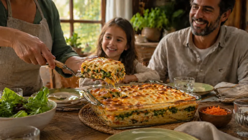 Mesa de almoço com lasanha de legumes caseira servida em clima acolhedor e familiar