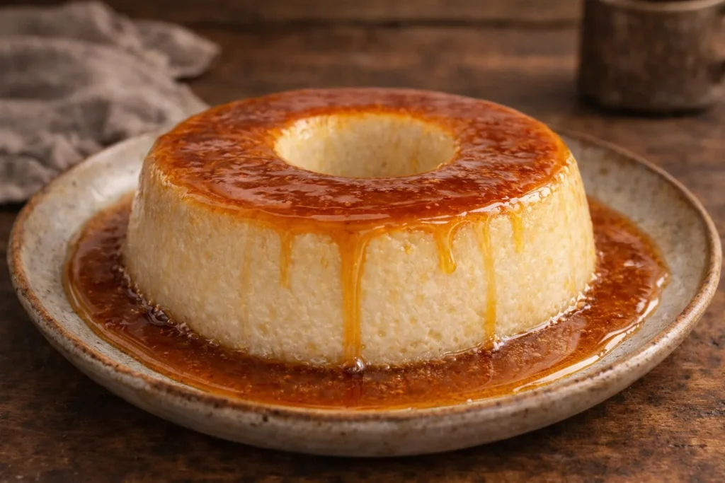 pudim de leite de coco servido em mesa de sobremesa