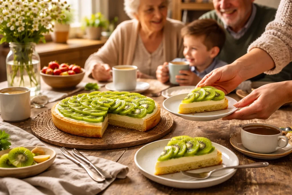 torta de kiwi sendo servida em família