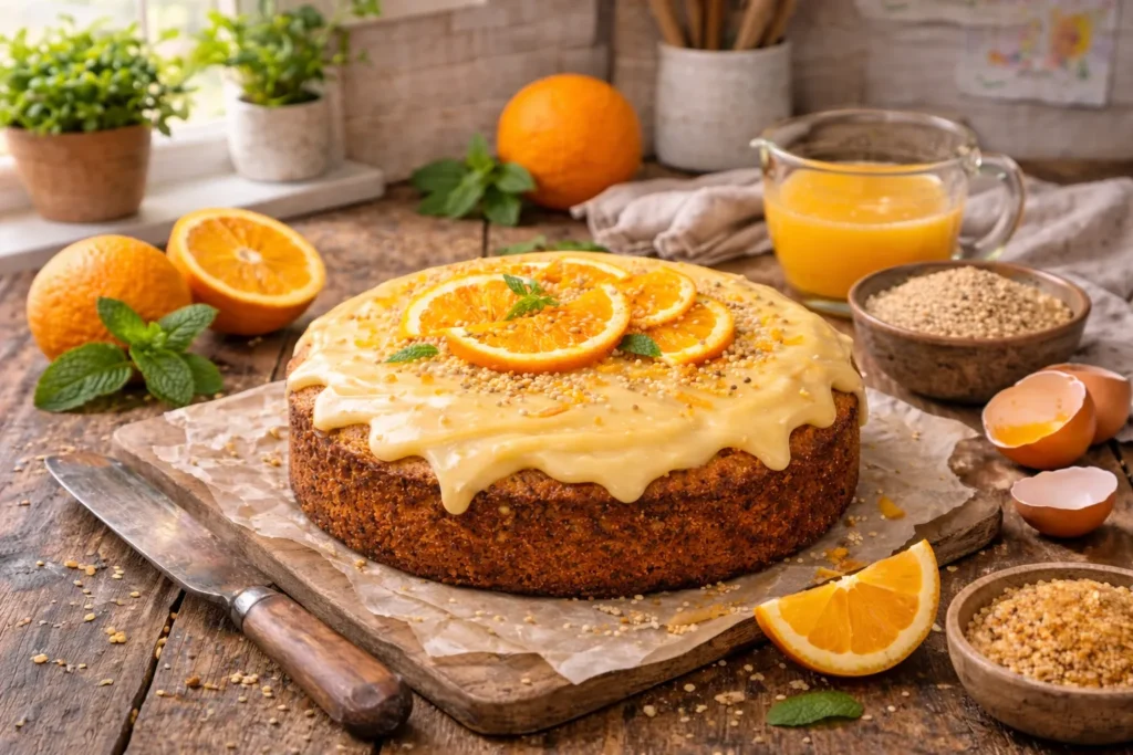 Bolo funcional de laranja e amaranto em ambiente de cozinha acolhedora