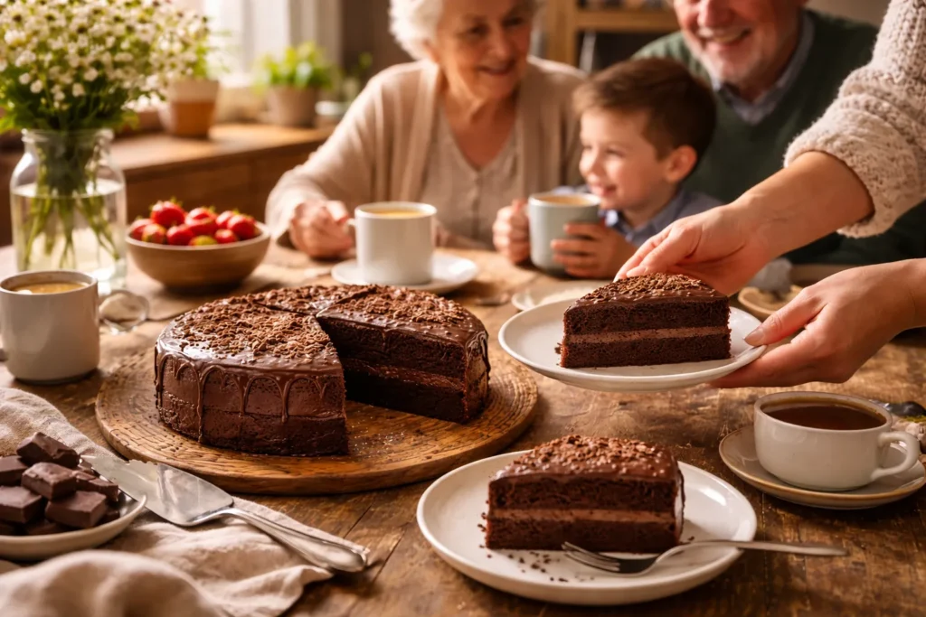 bolo de chocolate servido em família