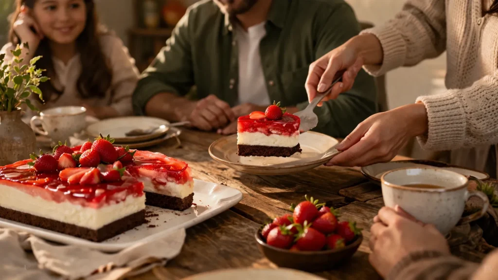 pavê de morango servido em família