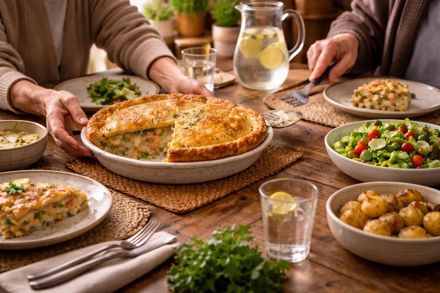 torta de camarão sendo servida em almoço de família