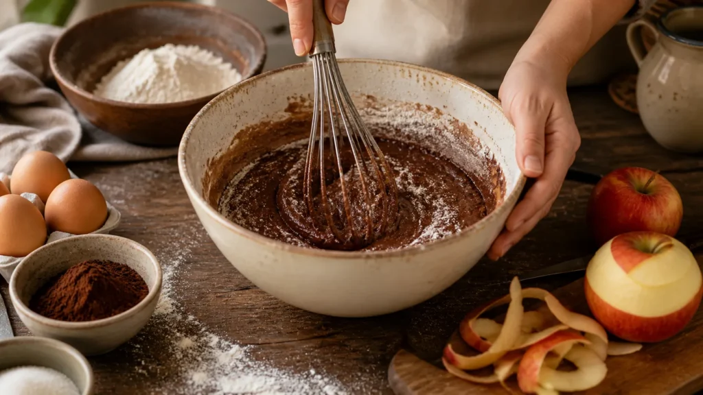 Preparando massa de bolo de maçã com chocolate