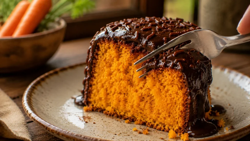 fatia de bolo de cenoura com canela e cobertura de chocolate