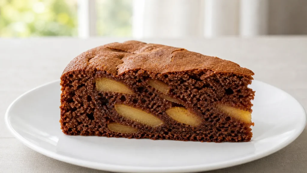 Fatia simples de bolo de maçã com chocolate mostrando textura caseira