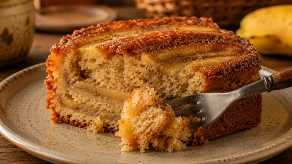 fatia de bolo de banana com crosta caramelizada