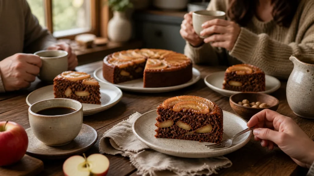 Bolo de maçã com chocolate servido no café da tarde