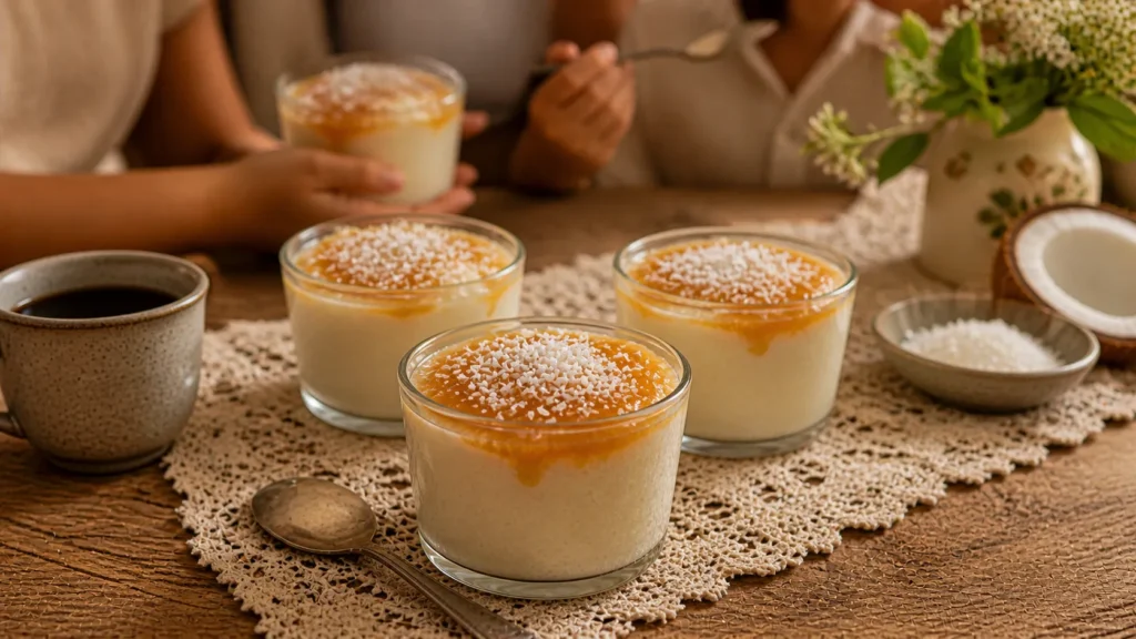 Mousse de coco servida em mesa de família
