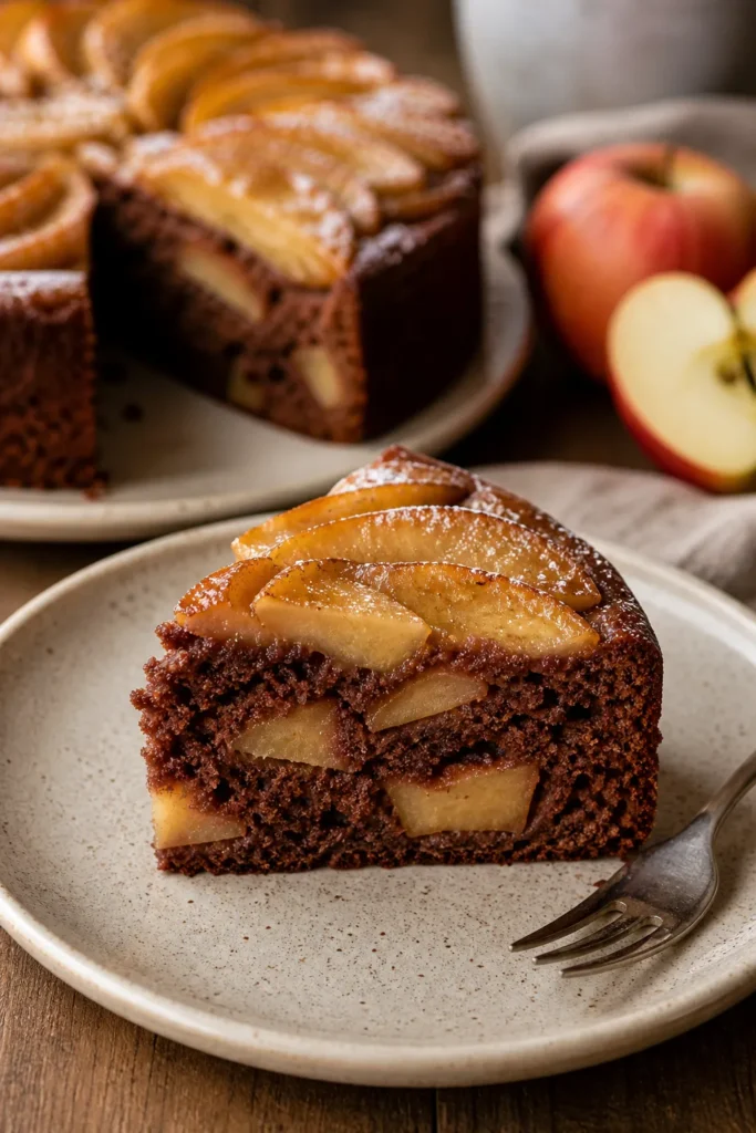 Fatia de bolo de maçã com chocolate mostrando textura macia